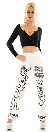 Zeralda Fashion Damen Jeans High Waist Hose weites Bein Wide Leg Bootcut Schriftzug XS S M L XL (L/40, Weiß) von Zeralda Fashion