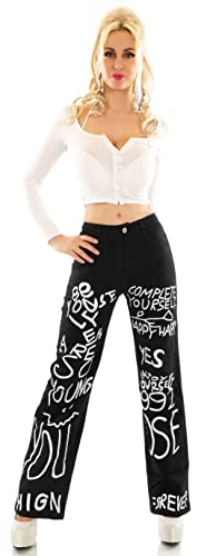 Zeralda Fashion Damen Jeans High Waist Hose weites Bein Wide Leg Bootcut Schriftzug XS S M L XL (M/38, Schwarz) von Zeralda Fashion