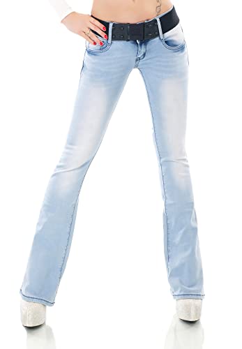 Zeralda Fashion Damen Jeans Hose Bootcut Schlag Denim Stretch Gürtel Blue Washed Zip XS S M L XL (as3, Alpha, l, Regular, Regular, WT368) von Zeralda Fashion