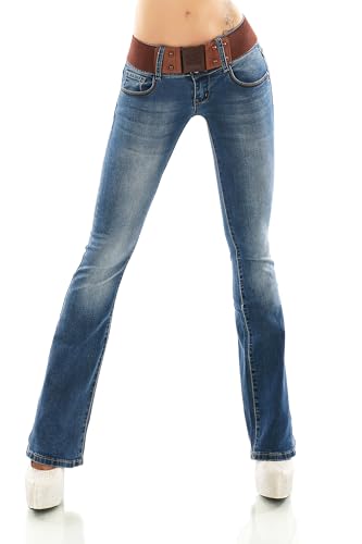 Zeralda Fashion Damen Jeans Hose Bootcut Schlag Denim Stretch Gürtel XS S M L XL (DE/NL/SE/PL, Alphanumerisch, S, Regular, Regular, W385-Blau) von Zeralda Fashion