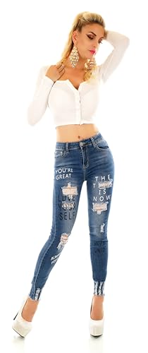 Zeralda Fashion Damen Jeans Hose Röhrenjeans High Waist Skinny Schriftzug Print Risse Fetzen XS-XL (DE/NL/SE/PL, Alphanumerisch, L, Regular, Regular, Dunkelblau-4815) von Zeralda Fashion