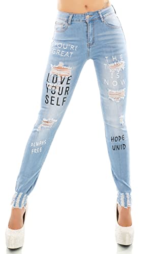 Zeralda Fashion Damen Jeans Hose Röhrenjeans High Waist Skinny Schriftzug Print Risse Fetzen XS-XL (as3, Alpha, l, Regular, Regular, Hellblau-4776) von Zeralda Fashion