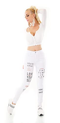 Zeralda Fashion Damen Jeans Hose Röhrenjeans High Waist Skinny Schriftzug Print Risse Fetzen XS-XL (as3, Alpha, l, Regular, Regular, Weiß) von Zeralda Fashion