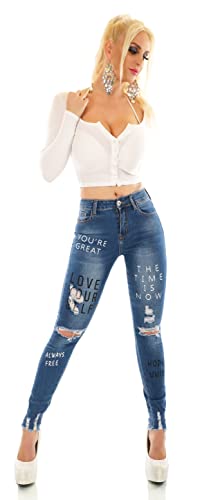 Zeralda Fashion Damen Jeans Hose Röhrenjeans High Waist Skinny Schriftzug Print Risse Fetzen XS-XL (as3, Alpha, s, Regular, Regular, Dunkelblau-4436) von Zeralda Fashion