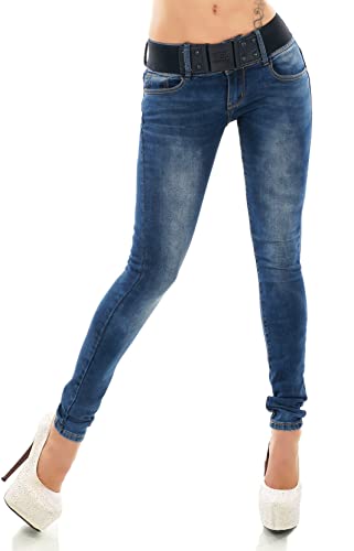Zeralda Fashion Damen Jeans Hose Röhrenjeans Skinny Denim Stretch Gürtel Blue Washed XS S M L XL (L, W1002) von Zeralda Fashion