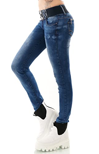 Zeralda Fashion Damen Jeans Hose Röhrenjeans Skinny Denim Stretch Gürtel Blue Washed XS S M L XL (M, W1003) von Zeralda Fashion