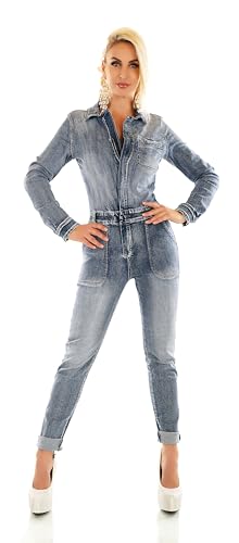 Zeralda Fashion Damen Langarm Jeans Overall Hose Jumpsuit Röhre Skinny Fit Denim Einteiler Gürtel (Blau-7207, XL) von Zeralda Fashion