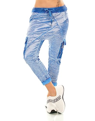 Zeralda Fashion Italy Damen Harem Hose Jogpants Cargo Baggy Boyfriend Freizeithose Glänzend (as3, Alpha, one_Size, Numeric_40, Regular, Regular, Blau) von Zeralda Fashion