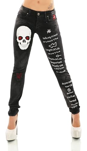 Zeralda Fashion Unisex Damen Herren Jeans Hose Baggy Boyfriend Stretch Denim Totenkopf Skull (DE/NL/SE/PL, Bundweite, 36, Regular, Regular, 6019-Schwarz) von Zeralda Fashion