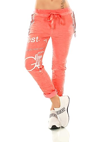 Damen Hose Jogpants Baggy Boyfriend Freizeithose Schriftzug Zip Taschen 36-40 (Koralle) von Zeralda