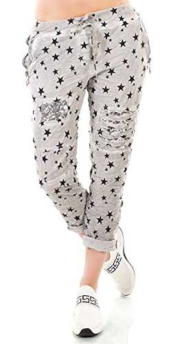 Damen Hose Jogpants Baggy Boyfriend Freizeithose Sterne Pailletten Zipper 34-38 Pastell (Grau) von Zeralda