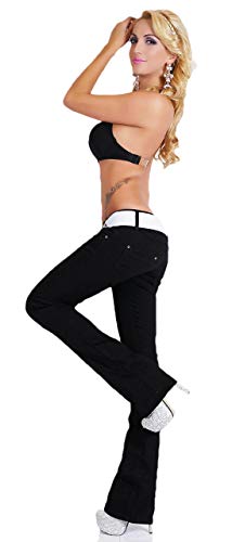 Damen Hüftjeans Hose Schlaghose Bootcut Denim schwarz mit weißem Gürtel (as3, Alpha, x_s, Regular, Regular) von Zeralda