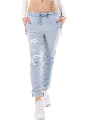 Zeralda Damen Hose Jogpants Baggy Boyfriend Freizeithose Schriftzug Zip Taschen 36-40 (Blau) von Zeralda