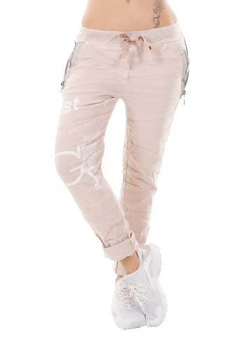 Zeralda Damen Hose Jogpants Baggy Boyfriend Freizeithose Schriftzug Zip Taschen 36-40 (Rosa) von Zeralda