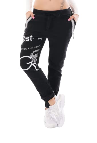 Zeralda Damen Hose Jogpants Baggy Boyfriend Freizeithose Schriftzug Zip Taschen 36-40 (Schwarz) von Zeralda Fashion