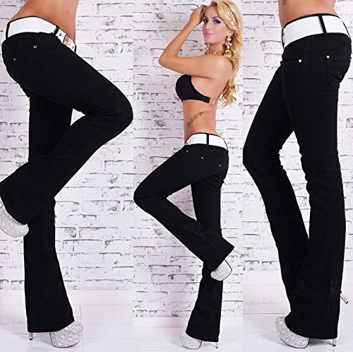 Zeralda Damen Hüftjeans Hose Schlaghose Bootcut Denim schwarz mit weißem Gürtel (S) von Zeralda Fashion