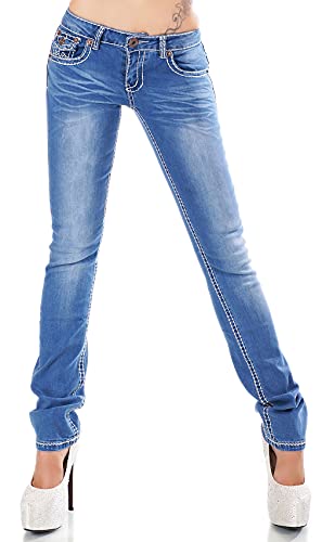 Zeralda Damen Jeans Hose gerade Straight Bootcut Flap Pocket Dicke Nähte Stretch 36-44 (Blau-90-3a, 38) von Zeralda