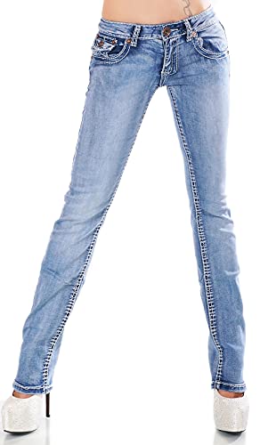 Zeralda Damen Jeans Hose gerade Straight Bootcut Flap Pocket Dicke Nähte Stretch 36-44 (Blau-90-5a, 40) von Zeralda