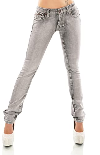 Zeralda Damen Jeans Hose gerade Straight Bootcut Flap Pocket Dicke Nähte Stretch 36-44 (Grey-Washed-90-85, 42) von Zeralda