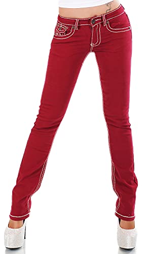 Zeralda Damen Jeans Hose gerade Straight Bootcut Flap Pocket Dicke Nähte Stretch 36-44 (dunkelrot-101-70, 36) von Zeralda