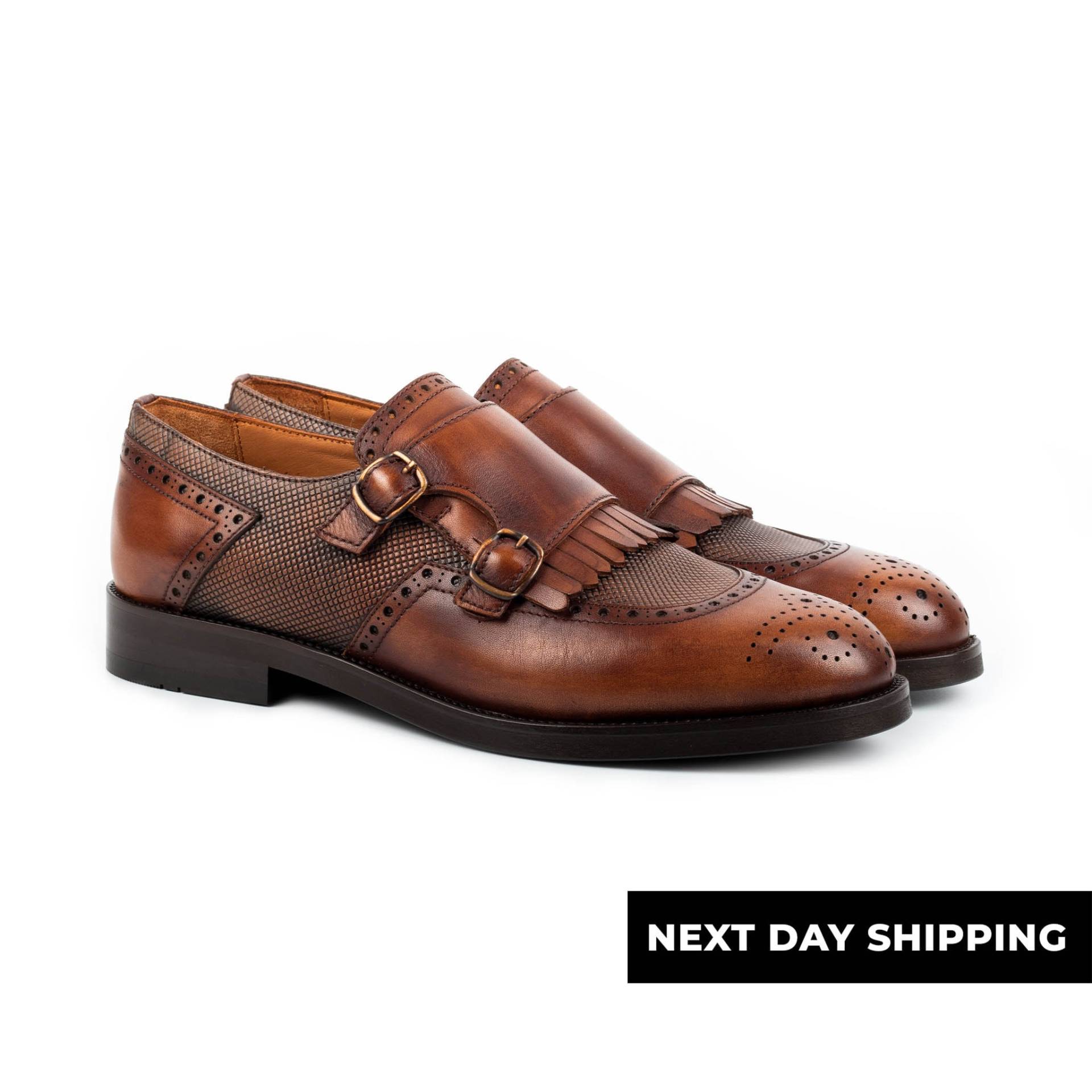 Zerbay Lhotse Herren Tabak Doppel Monk Strap Kalbsleder Handgefertigte Geschenk Anzugschuhe Microlight Außensohle Voller Standardgröße Blake Genäht von ZerbayShoes