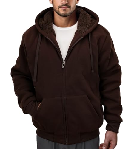 Zerenfy Hoodies für Herren, schweres Sherpa-Fleece-gefüttert, Sweatshirt, durchgehender Reißverschluss, dicke Wintermäntel, warme Jacke mit Kapuze, Kaffee, Large von Zerenfy