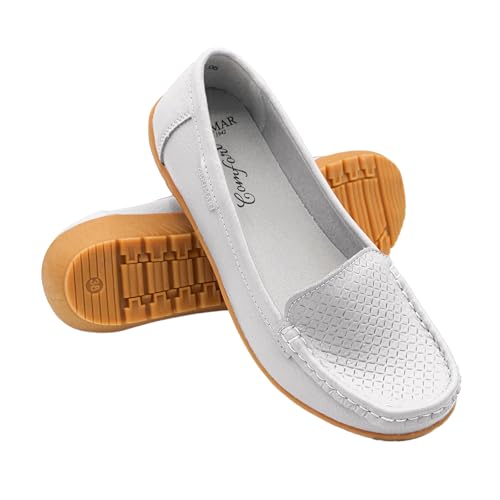 Zerimar Damen Bequeme Kleiderschuhe - Mokassins Damen Leder - Ballerinas Damen für den Sommer - Damen Sommerschuhe - Damen Mokassins aus Leder - Elegant - Farbe Weiß - Größe 37 von Zerimar
