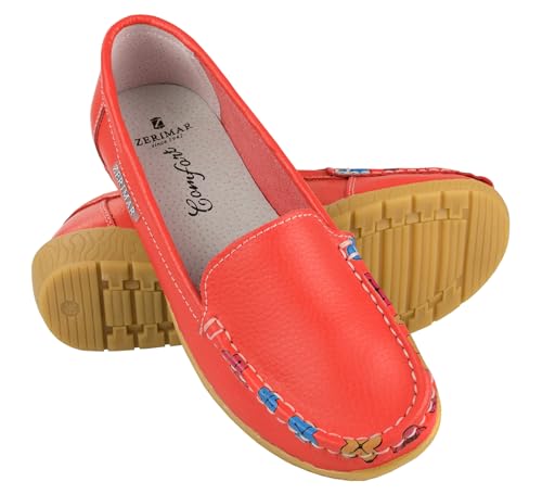 Zerimar Damen Bequeme Kleiderschuhe - Mokassins Damen Leder - Ballerinas Damen für den Sommer - Damen Sommerschuhe - Damen Mokassins aus Leder - Elegant und Bequem - Farbe Rot - Größe 38 von Zerimar