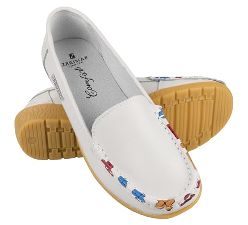 Zerimar Damen Bequeme Kleiderschuhe - Mokassins Damen Leder - Ballerinas Damen für den Sommer - Damen Sommerschuhe - Damen Mokassins aus Leder - Elegant und Bequem - Farbe Weiß - Größe 41 von Zerimar
