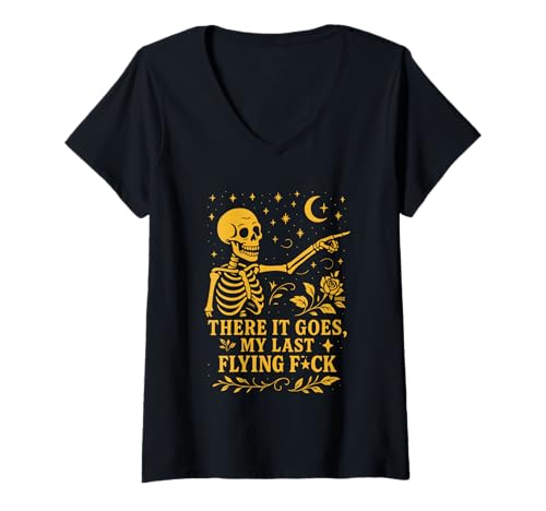 Damen Sarkastisches Skelett zeigt auf den Mond mit fliegendem F T-Shirt mit V-Ausschnitt von Zero F Gothic Humor Art Gothic Humor Art