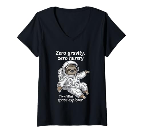 Damen Zero Gravity Zero Hurrsy Der kühlste Weltraumforscher T-Shirt mit V-Ausschnitt von Zero Gravity Chill Space Explorer Sloth Funny