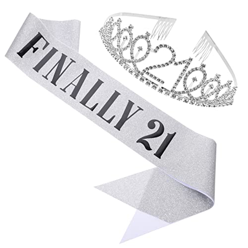 Zerodeko Geburtstags Schärpe und Tiara Silber Glänzende Krone für Frauen Party Haarschmuck Accessoire für Mädchen Geburtstagsfeier Fotoshooting Dekoration von Zerodeko