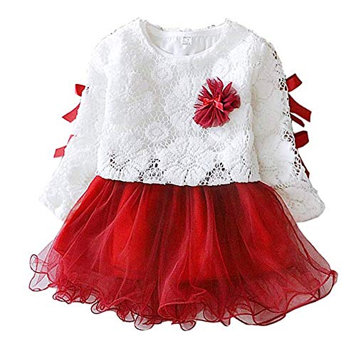 Baby Mädchen Spitzenrock Langarm süßer Bogen Prinzessin Kleid Frühling und Herbst für Kindergarten Zuhause Hochzeit Zeremonie Geburtstag und Täglichen Gebrauch(Red, 70cm) von Zerodis