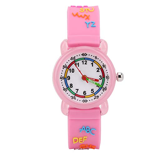 Kinder Cartoon Uhr, Briefmuster wasserdichte Kinder Armbanduhr PU Armband Armbanduhr für Kinder Kleinkind Mädchen 3-12 Jahre alt(Rosa) von Zerodis