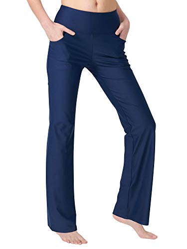 Zeronic Bootcut Yogahose Trainingshose für Frauen mit Taschen, hohe Taille, Workout, Laufen, Bauchkontrolle, lange Bootleg Arbeitshose - Blau - Mittel von Zeronic