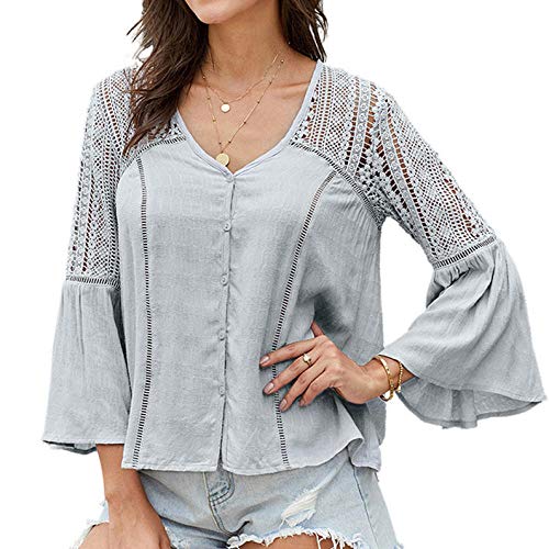 Zerotwo Bluse Damen Elegant Spitze V-Ausschnitt Aushöhlen Bluse Oberteile Casual Einfarbig Hemd Tunika Langarmshirt Damen Tops mit Volant Trompetenärmeln von Zerotwo