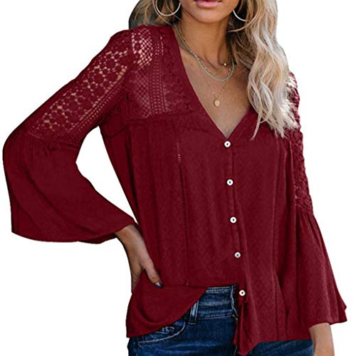 Zerotwo Bluse Damen Elegant Spitze V-Ausschnitt Aushöhlen Bluse Oberteile Casual Einfarbig Hemd Tunika Langarmshirt Damen Tops mit Volant Trompetenärmeln von Zerotwo