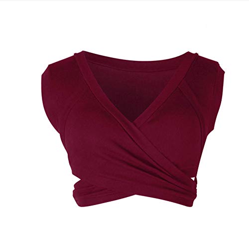 Zerotwo Damen Crop Top Bauchfrei Oberteil V-Ausschnitt Slim Fit Einfarbig Kurzarm T-Shirt Asymmetrisch Bluse Tops Sommershirts Kurz Trägershirts mit Knoten Wickeln Shirt von Zerotwo
