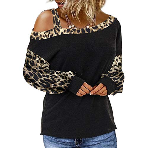 Zerotwo Damen Langarmshirt Damen Shirt Sexy Schulterfrei Leopardenmuster Patchwork Langarm Bluse Top Casual Basic T-Shirt Tops Blouse Frühling Herbst von Zerotwo
