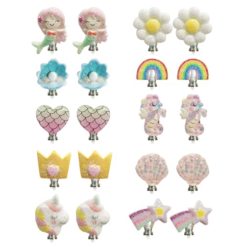 10 Paar Ohrclips Kinder, Farbige Klipp Ohrringe Mädchen Süße Cartoons, Einhorn-Blumen-Prinzessin-Ohrring Set Clip Ohrringe für Kinder Kleinkind von ZesNxj