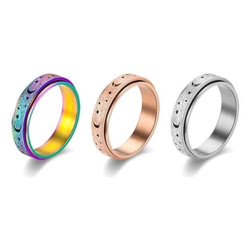 ZesNxj 3 Stück Aura Ring, Anti-Angst Spinner Ring, Edelstahl Drehbarer Roller Ringe, Mondstern Sand Blast Finish Stress Ringe Für Damen Herren Angstlinderung (3 Farben) von ZesNxj