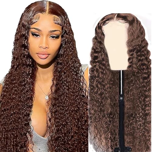 5x5 Lace Front Wig Brazilian Wigs Human Hair Deep Wave Echthaar Perücke Schwarz Frauen 5x5 Middle Part Lace Front Wig Unprocessed Lace Front Wig Human Hair Chocolate Brown Color For Women 30 Inch von Zeslaerr