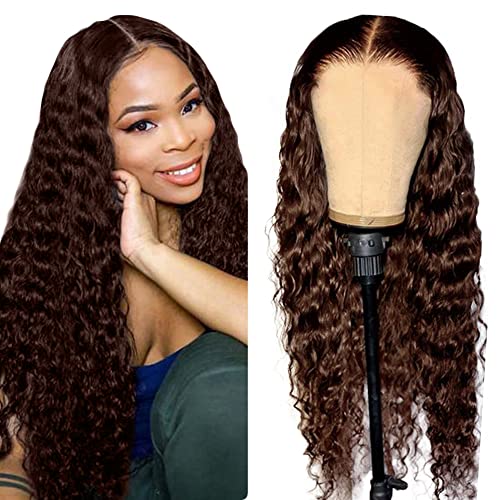 5x5 Lace Front Wig Brazilian Wigs Human Hair Deep Wave Echthaar Perücke Schwarz Frauen 5x5 Middle Part Lace Front Wig Unprocessed Lace Front Wig Human Hair Chocolate Brown Color For Women 34 Inch von Zeslaerr