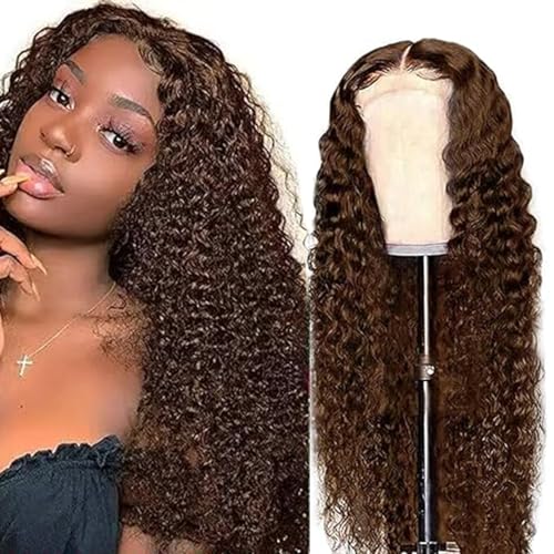 Echthaar Perücke Schwarz Frauen Human Hair Wig 5x5 Lace Front Human Hair #4 Brown Colored Pre Plucked Virgin Hair With Baby Hair 150% Density Brown Curly Wig 18 Zoll von Zeslaerr