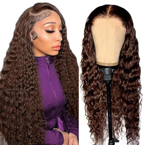 Echthaar Perücke Schwarz Frauen Human Hair Wig 5x5 Lace Front Human Hair #4 Brown Colored Pre Plucked Virgin Hair With Baby Hair 150% Density Brown Curly Wig 26 Zoll von Zeslaerr