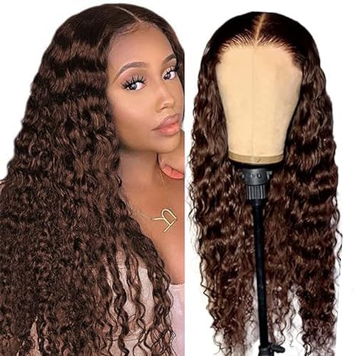 Echthaar Perücke Schwarz Frauen Human Hair Wig 5x5 Lace Front Human Hair #4 Brown Colored Pre Plucked Virgin Hair With Baby Hair 150% Density Brown Curly Wig 32 Zoll von Zeslaerr