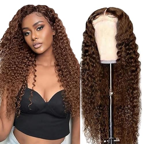 Echthaar Perücke Schwarz Frauen Human Hair Wig 5x5 Lace Front Human Hair #4 Brown Colored Pre Plucked Virgin Hair With Baby Hair 150% Density Brown Curly Wig 34 Zoll von Zeslaerr