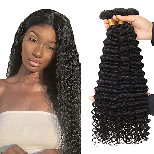 Zeslaerr 1B Natural Black Color Echthaar Perücke Bundles Human Hair Extensions Grade Unprocessed Virgin Double Weft Deep Wave Bundles Minimal Shedding For Women 24 26 28 Inch von Zeslaerr