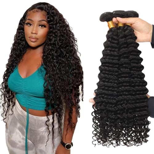Zeslaerr 30 32 34 Inch Echthaar Perücke Bundles Human Hair Extensions Grade Unprocessed Virgin Double Weft 1B Natural Black Color Perücken Deep Wave Bundles Minimal Shedding For Women von Zeslaerr