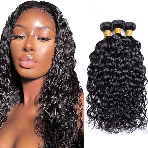 Zeslaerr 34 34 34 Inch Echthaar Perücke 1B Natural Black Color Bundles Human Hair Extensions Grade Unprocessed Virgin Double Weft Water Wave Bundles Minimal Shedding For Women von Zeslaerr